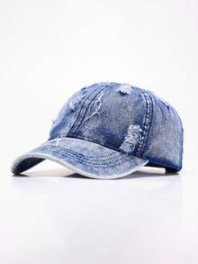 1pc Distressed Washed Denim Baseball Cap, Unisex Couple Style, Outdoor Versatile All Season Soft Crown Curved Brim Hat - Multicolor - View 3