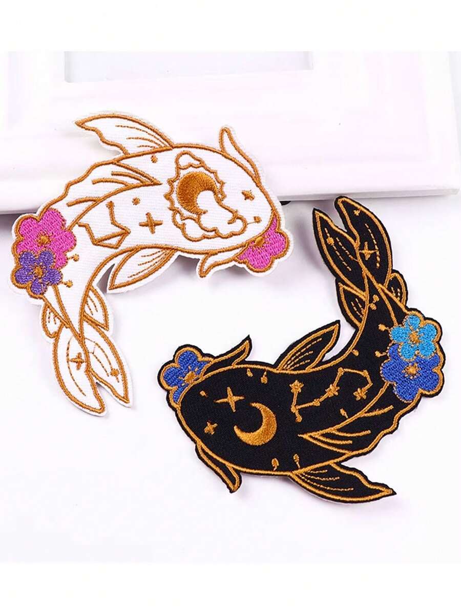 刺繡布料卡通花朵縫製布料熱熔膠狐狸鯨魚蝴蝶熨燙布料黑白熨燙刺繡布料，用於衣物行李配件裝飾配件貼布刺繡