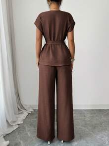 Lily House Women's Autumn/Summer 2-Piece Set, V-Neck Short Sleeve Tie-Front Blouse + High-Waisted Wide-Leg Pants, Elegant Casual, Suitable For Office And Back To School - Brown - View 2
