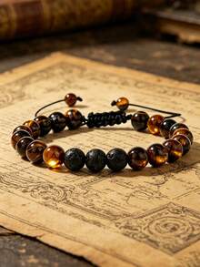 Natural Tiger Eye & Lava Stone Adjustable Bracelet Bohemian Style Vintage Men's Jewelry Gifts, For Vacation Grounding, Healing Energy, Protection - Multicolor - View 5