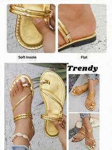 planare New Women's Summer Gold Flat Sandals, Fashionable Casual Vacation Style Strap Open Toe Slip-On, Comfortable Non-Slip, Suitable For Daily Commute, Home, Outdoor In Summer, Comfortable Beach Sandals, Ladies Flip Flops - Gold - View 11