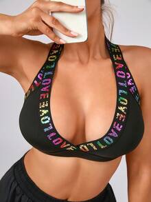 Women's Fashion V-Neck Removable Padded Criss-Cross Strap Sports Knit Bra - Black - View 3