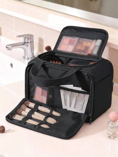 1pc Multi-Layer Fluffy Makeup Bag, Large Capacity Professional Cosmetic Storage Bag With Zipper Design, Multifunctional Women's Travel Handbag, Can Hold Makeup Brushes And Pencils, Waterproof Material, Adjustable Multi-Compartment Organization, Professional Cosmetic Organizer Bag, Easy To Clean, Unisex Multipurpose Travel Toiletry Bag, Suitable For Birthday, Mother's Day, Christmas, Valentine's Day, Vacation, Beach, Back To School Gifts