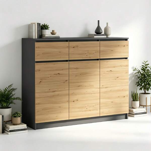 Gabinete de almacenamiento minimalista moderno, con 3 cajones y 3 puertas de gabinete grandes, aparador autoportante multifuncional, tono de madera y oscuro, organizador versátil para sala de estar, dormitorio, cocina y entrada