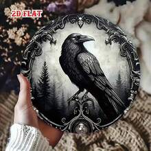 2D Flat Design - 1pc Black Round Metal Plaque, 2D Flat Design, Raven Pattern. This 7.8X7.8 Inch Gothic Style Metal Tin Plate Has A Mysterious Wall Decor Function, Suitable For Home, Garage, Dining Area Or Cafe - A - View 8