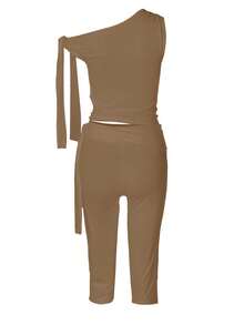 2pcs Women's Summer Simple Solid Color Asymmetrical Collar Top & 3/4 Pants Set - Khaki - View 8