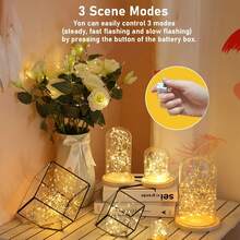 12 piezas Luces de hadas de cadena mini alimentadas por batería de 2m 20LED, 3 modos de parpadeo, luces LED suaves y flexibles de luciérnaga para decoración interior y exterior, boda, Navidad, fiesta, camping, mesa, frasco de vidrio, jarrón, iluminación de ambiente festivo para el hogar - Guirnaldas de luces con botones - Ver 7