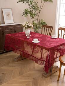 1pc French Elegant Floral Lace Trim Tablecloth, Countryside Fresh Decor - Burgundy - View 4