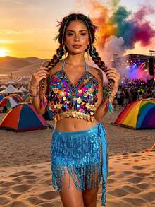 Áo hai dây crop top vỏ sò đính sequin nhiều màu kèm chân váy hông tua rua sequin, phù hợp cho lễ hội Carnival, lễ hội âm nhạc sa mạc và lễ hội EDM (có nhiều màu sắc) - Nhiều màu - Xem 5