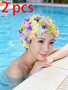 1pc Adult Women Swimming Cap, Double-Layer Twist Flower Swim Hat, Comfortable Non-Tight Ear Protection, Must-Have Swim Cap For Beach And Pool, Suitable For Lightweight, Soft, Stylish Swim Hat, Perfect For Swimming, Pool Parties, Water Activities - Multicolor - View 19
