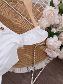 Tween Girls White Ruffle Hem Splice Elegant Dress, Spring/Summer - White - View 4