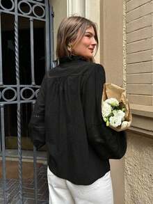 Camisa de mujer de unicolor con cuello Mao, versátil y casual para uso diario - Negro - Ver 2