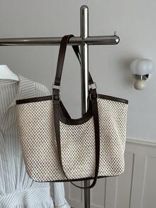 2026 Summer Casual Woven Rope Knot Design Beach Tote Bag, Versatile Large Capacity Travel Essential - Coffee Brown - View 8