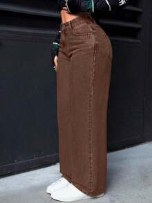 PETITE Jeans rectos de cintura alta lavados de estilo casual para mujer - Azul lavado oscuro - Ver 7