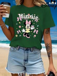 Authentic Disney Ladies Summer Dress Minnie Mouse And Flower Bow Cartoon Pattern New Short-Sleeved T-Shirt Blouse Ladies Casual Fashion Printed T-Shirt Women In Summer. - 白色 - 查看 8