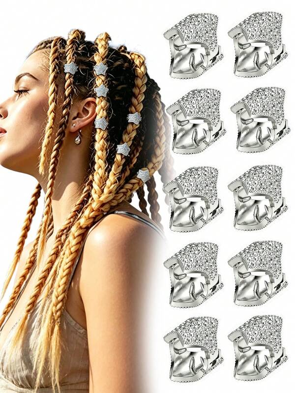 10pcs Women's Silver Metal Star Hair Clips, Dreadlock Clips, Premium Bangs Hair Clips, Small Hair Claws, Women's Hair Accessories, Y2K Accessories. Suitable For Daily Casual, Shopping, Campus, Outings.