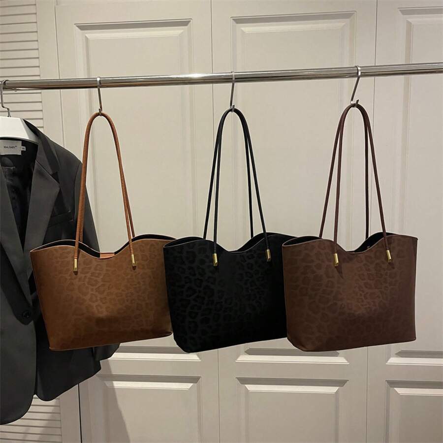Bolso de mano moderno y versátil para mujer, estilo casual elegante con un toque de alta gama, bolso de hombro estiloso ideal para ir de compras, bolso grande con estampado de leopardo estilo coreano para mujer, nuevo bolso tote vintage 2026, bolso de hombro casual de gran capacidad para ir al trabajo. - marrón - Ver 1