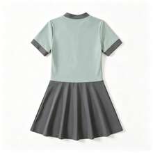 Girls' One-Piece Swimsuit, Light Green + Gray Splice (With Safety Shorts) - Baby Blue - View 2