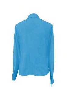 1 pieza Camisa de manga larga de ajuste delgado, elegante y casual con botones de un solo color, adecuada para la oficina, el hogar, el uso diario y las citas, todo el año, color blanco primaveral - Azul cielo - Ver 5