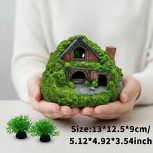 3pcs Set Double-Layer Moss Cottage With 2pcs Seaweed, Realistic Resin Cave Hideout With Multi-Entrance Design, Natural Landscape Aquarium Decor Suitable For Betta Fish And Small Ornamental Fish - A - View 5