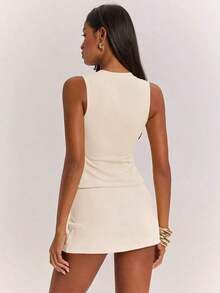 2 piezas/Set Parte superior de punto a rayas casual de verano y minifalda de cintura baja, adecuado para brunch, salidas, citas, viajes al trabajo, vacaciones en crucero, ideal para vacaciones de mujer en Ibiza, conjunto amarillo - Albaricoque - Ver 2