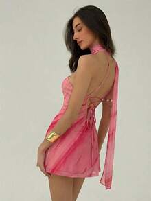 Vestido corto sin mangas con estampado de teñido anudado para mujer - Burdeos 2 - Ver 11