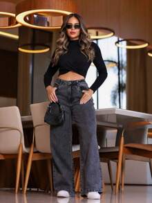 Women's Wide Leg Jeans, Graphite Color, Wide Leg, No Lycra, Premium Bell Bottom, Summer Style, Elegant And Sophisticated, Sizes 36 To 52 (Plus Size) - Màu xám đen - Xem 5