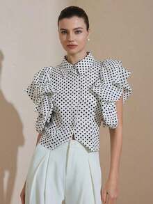 Aveloria Revavyn Blusa elegante de cuello alto con estampado de lunares retro francés, manga de pétalo, moda elegante y de alta gama para mujeres - Blanco y Negro 3 - Ver 6