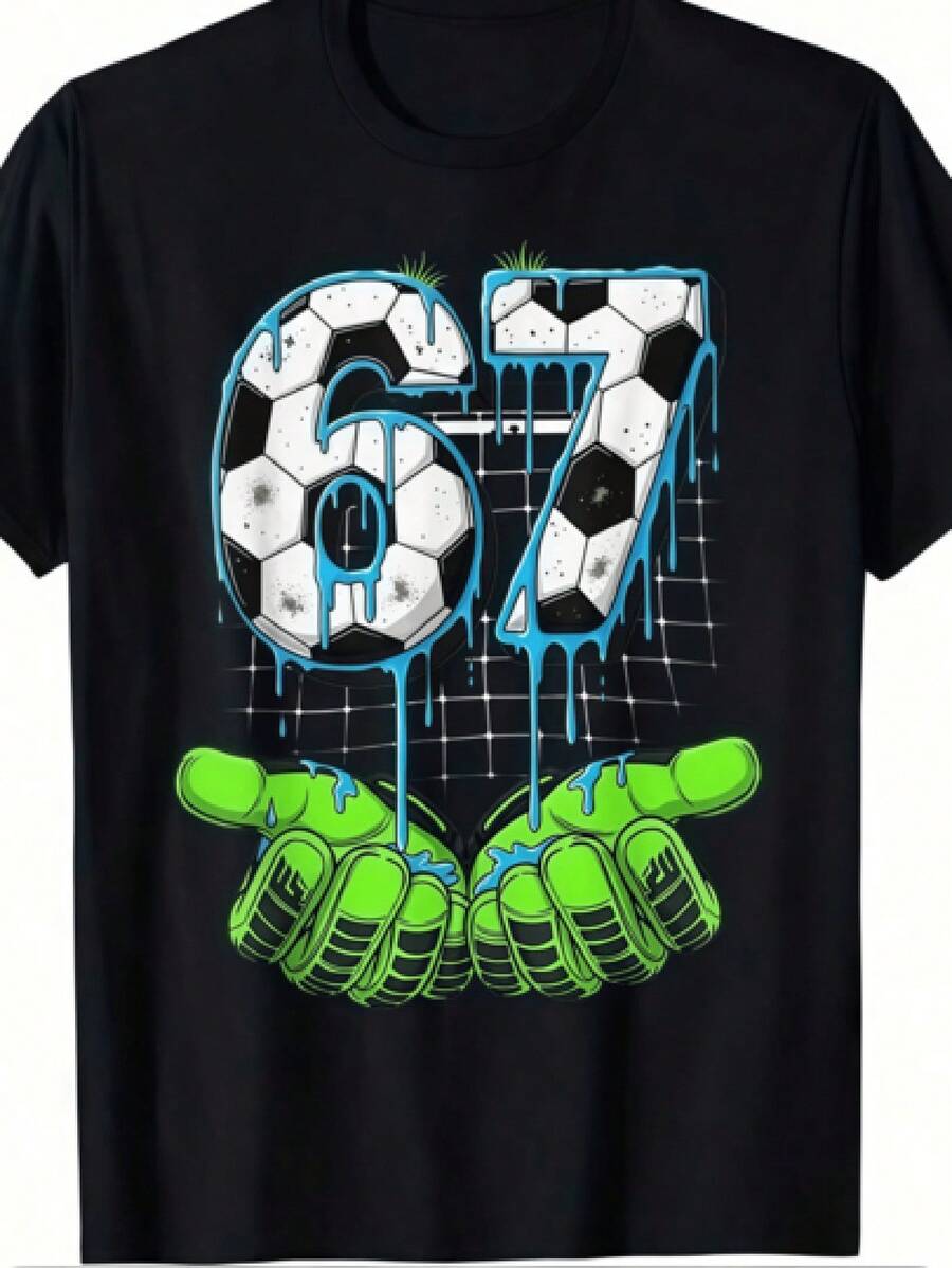 There Is Only One Short-Sleeved T-Shirt To The .Soccer 67 Six Seven Funny Gen Alpha Meme Drip T-Shirt, Christmas, Thanksgiving, Pure Cotton T-Shirts For Kids, 67 T-Shirt.Girls' Clothing - 黑色 - 查看 1