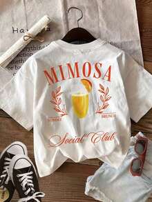[Double Side Print] Women's Casual Summer Top, Vintage Leaf Print, MIMOSA SAY BRUNCH Social, Pure Cotton Printed Crew Neck Short Sleeve T-Shirt [LingK] Spring Outfit, Cotton T-Shirt - 白色 - 查看 2