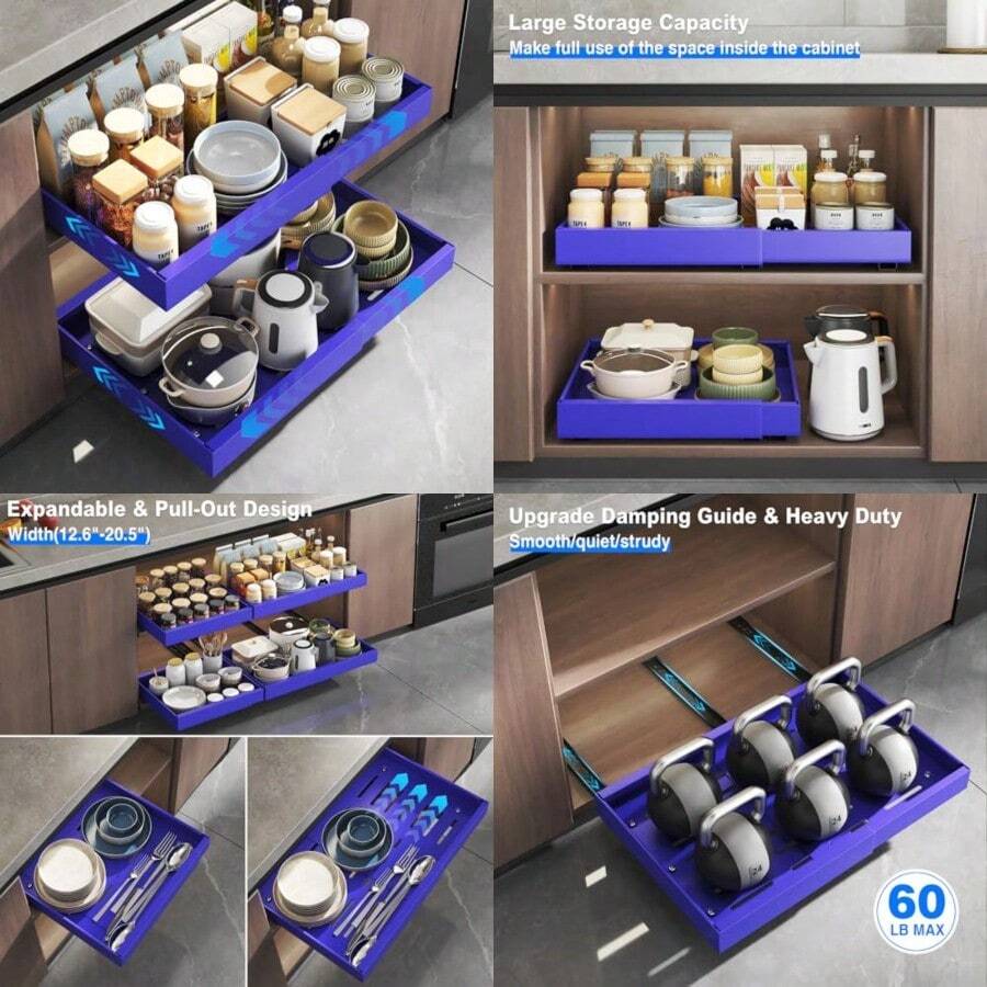 Mustorn - organizadores gabinetes extraíbles cajones expandibles para gabinetes cocina cajones extraíbles para despegar y pegar estantes deslizantes resistentes para clóset - Azul - Ver 1