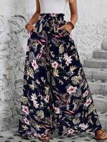 Women's Wide Leg Trousers With Elastic Waist And Print - Black Print - View 4