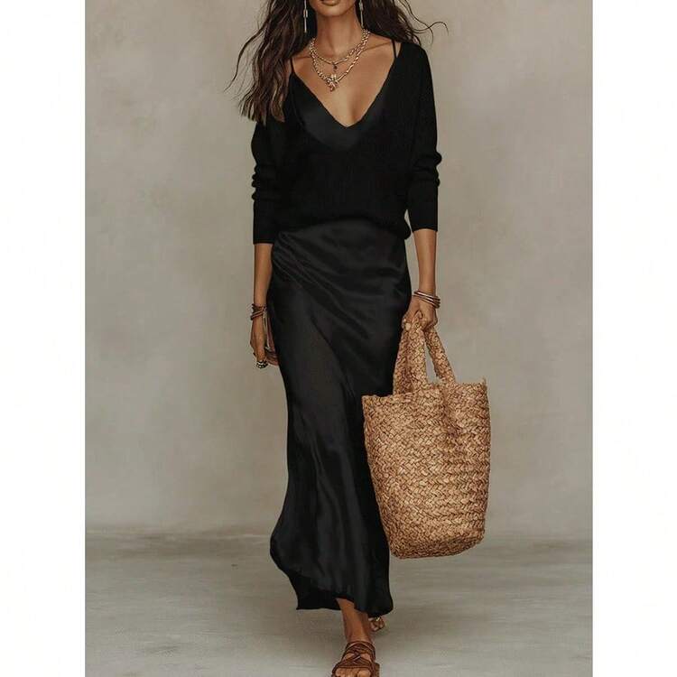 Women's Apricot Two-Piece Co-Ord Set, Deep V Knit Sweater & Satin Slip Dress, Casual Elegant Outfit For Daily, Home & Leisure - 灰色西裝 - 查看 7