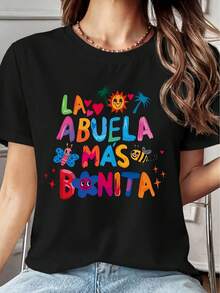 Women's Short-Sleeved T-Shirt, Spanish Granny Cartoon Print, Round Neck, Machine Washable, Soft, Breathable, Skin-Friendly, Ideal For Spring, Summer And Autumn, Warm And Casual, Fashionable, Easy To Match, Women's Top S-XXL, Suitable For Family - 黑色 - 查看 1