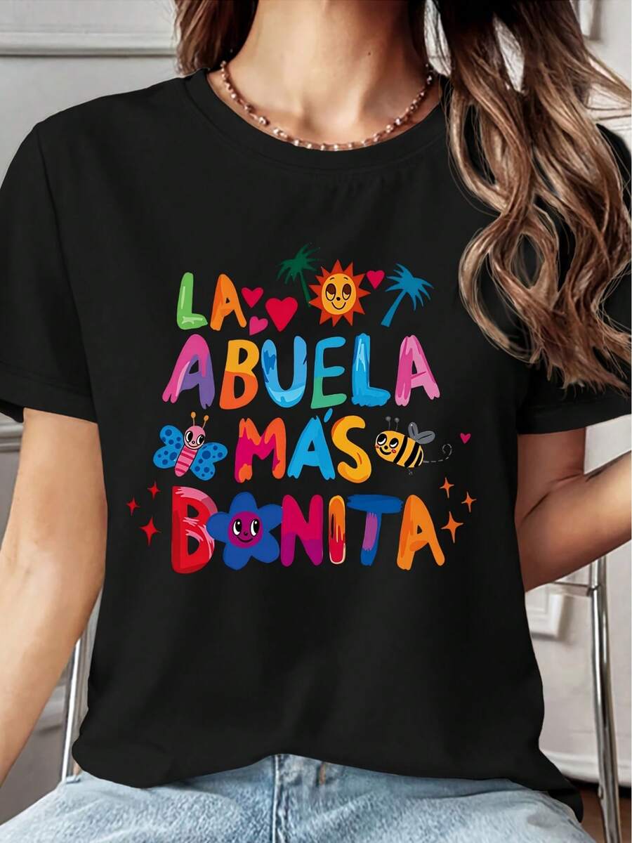 Women's Short-Sleeved T-Shirt, Spanish Granny Cartoon Print, Round Neck, Machine Washable, Soft, Breathable, Skin-Friendly, Ideal For Spring, Summer And Autumn, Warm And Casual, Fashionable, Easy To Match, Women's Top S-XXL, Suitable For Family - 黑色 - 查看 1