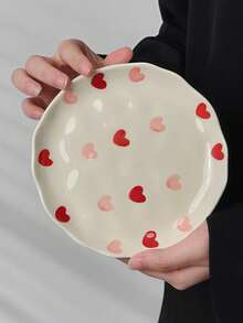 1pc/2pcs/4pcs Hand-Painted Red & Pink Heart-Shaped Ceramic Plate, Asymmetrical Wavy Edge Porcelain Dinnerware 6 Inch, Suitable For Salad, Dessert And Main Course, Cute Style Kitchen Tableware - Multicolor - View 12