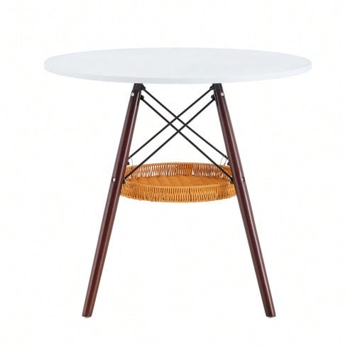 Round Dining Table Ø 80 Cm, White MDF Top, Solid Wood Walnut-Colored Legs, Combined With A Floating And Woven Storage Basket Structure, Suitable For 2 To 4 People.