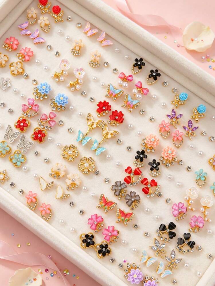9/18 Pairs/Batch Flower Butterfly Heart Rhinestone 3-In-1 Unisex Earrings Romantic Date Gift Daily Wear Jewelry Accessories Random Style - Three-in-one Butterfly Flower Rhinestone Earrings - View 4