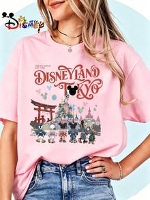 Breathable Cotton Tokyo Disneyland Fan Tee | Est. 1983 Castle With Shrine & Characters Print | Japanese Theme Park Pullover Shirt - Hồng - Xem 1