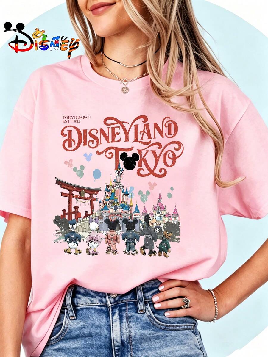 Breathable Cotton Tokyo Disneyland Fan Tee | Est. 1983 Castle With Shrine & Characters Print | Japanese Theme Park Pullover Shirt - Hồng - Xem 1