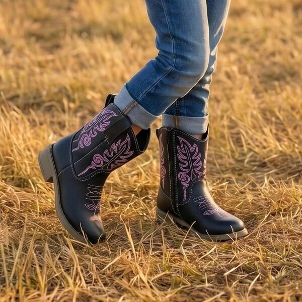 Children's Denim Boots, Unisex For Boys And Girls, Western Mid-Calf Boots, Embroidered Decoration, Side Zipper, Non-Slip And Durable, Suitable For Toddlers, Young Children And Older Kids
