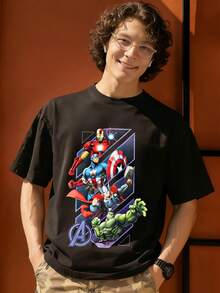 Marvel Iron Man Captain America Hulk Graphic Men's T-Shirt, 100% Cotton Tee - 黑色 - 查看 1