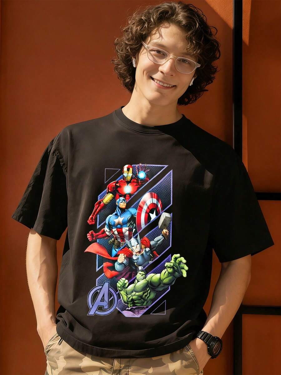 Marvel Iron Man Captain America Hulk Graphic Men's T-Shirt, 100% Cotton Tee - 黑色 - 查看 1
