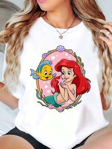 Ariel And Flounder Cartoon Print Disney Women T Shirt Round Neck Short Sleeve Casual Summer Wear For Everyday And Birthday Gifts Soft Comfortable 220g - trắng - Xem 1