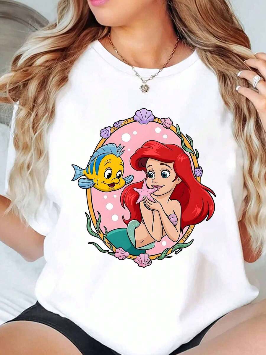 Ariel And Flounder Cartoon Print Disney Women T Shirt Round Neck Short Sleeve Casual Summer Wear For Everyday And Birthday Gifts Soft Comfortable 220g - trắng - Xem 1