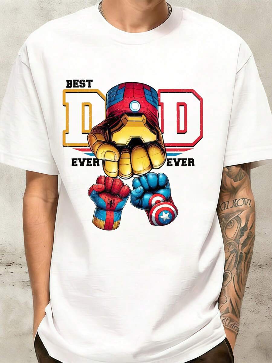 100% Cotton Men's Iron Man Graphic Tee, Best Dad Ever Print Marvel Superhero T-Shirt. Classic Streetwear Casual Tops For Men, Stylish Holiday Daily We - White - View 1