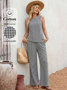 Conjunto de 2 piezas de chaleco y pantalones a cuadros casuales para mujer, de verano - Blanco y Negro - Ver 3
