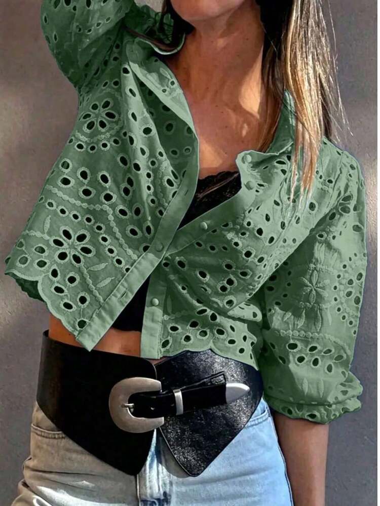 Camisa de mujer de un solo pecho bordada, para uso casual y diario, ideal para vacaciones de verano - Verde - Añade 9