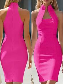 Women's Solid Color Elegant Party Zipper Shoulder Bag Strapless Dress For Date And Party, Summer - Hot Pink - View 8