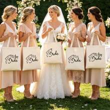 Braut & Brautjungfer Leinwand Tragetasche, wiederverwendbare Hochzeitsfeier Geschenk Tasche, elegante Schleier Muster Schultertasche, perfekt für Brautjungfer Geschenk, Junggesellinnenabschied, Brautparty & Einkaufen - Aprikose - Übersicht 5